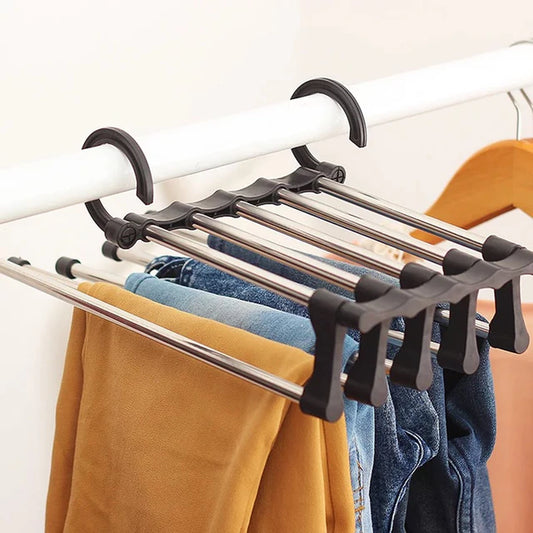 5 in 1 Magic Trouser Rack Hangers Stainless Steel Folding Pant Rack Tie Hanger Shelves Bedroom Closet Organizer Wardrobe Storage